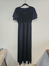 Flutter Sleeve Maxi Dress Womens Medium Black Smocked Bodice Lace Hem Formal