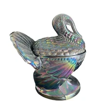 L.E. Smith Amethyst Carnival Glass Turkey Covered Dish Candy Jar Vintage