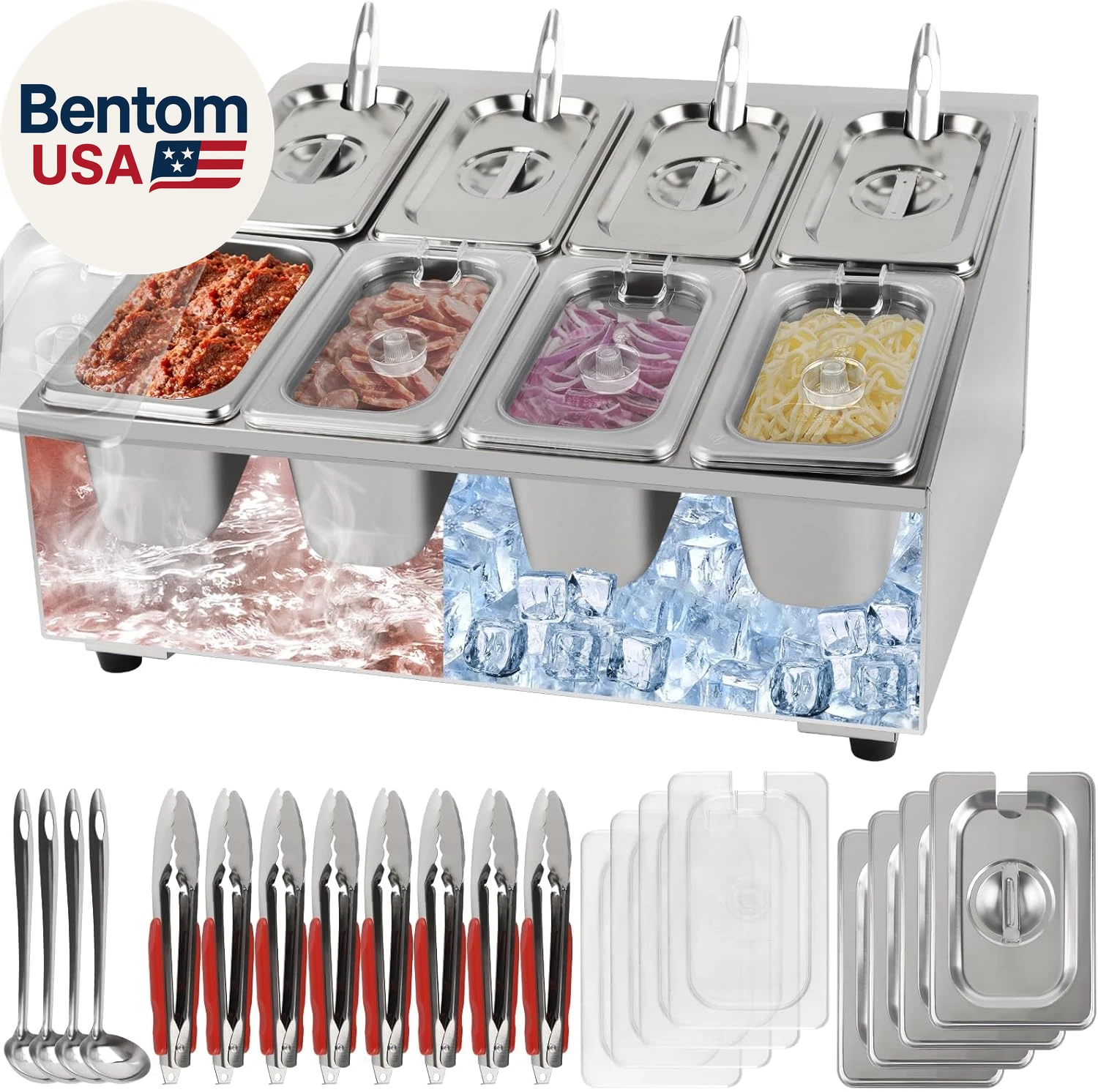 8 Pans Pizza Topping Storage Station, Stainless Steel Condiment Containers with