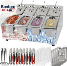 8 Pans Pizza Topping Storage Station, Stainless Steel Condiment Containers with 