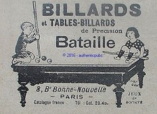 PUBLICITE BATAILLE TABLES BILLARD ENFANTS JEUX DE 1910 FRENCH SNOOKER AD MOC GEO