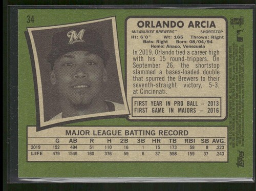 2020 Topps Heritage #34 Orlando Arcia - Picture 2 of 2