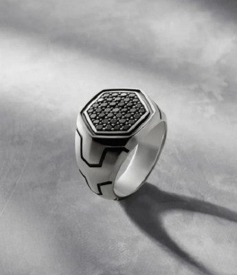 Micro Pave Set Black Onyx Bold Classic 935 Argentium Silver Hexagon Shape Ring