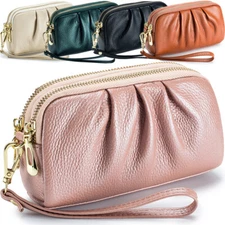 Wristlets for Women Cowhide Leather Clutch Handbag Dual Zip Bag Cellphone Purses