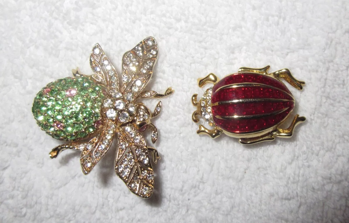 Vintage Lot Ciner Centennial Bee Red Beetle Pin Brooch Crystals GP Bug Superb