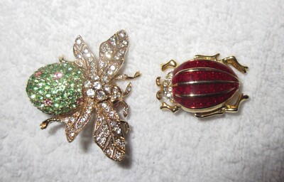 Vintage Lot Ciner Centennial Bee + Red Beetle Pin Brooch Crystals GP Bug Superb!