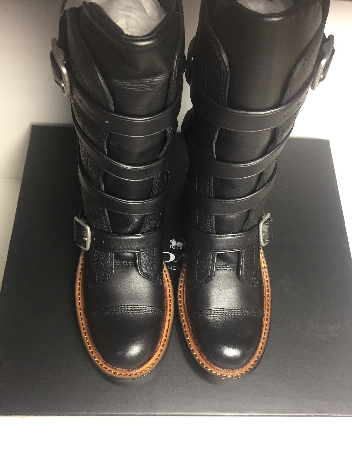 Moto Pebbled Leather Buckle Boots Black 