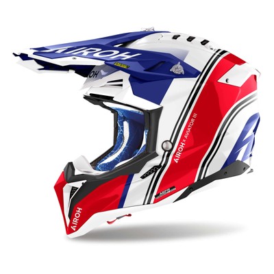 Helm Moto-Cross AIROH Aviator 3 Himalaya Weiß Blau Glänzend Rot