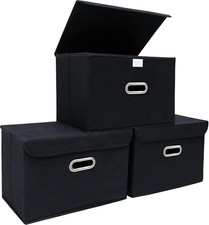 Fabric Storage Bins 3 Pack Foldable Organizer Boxes with Lids Black Closet