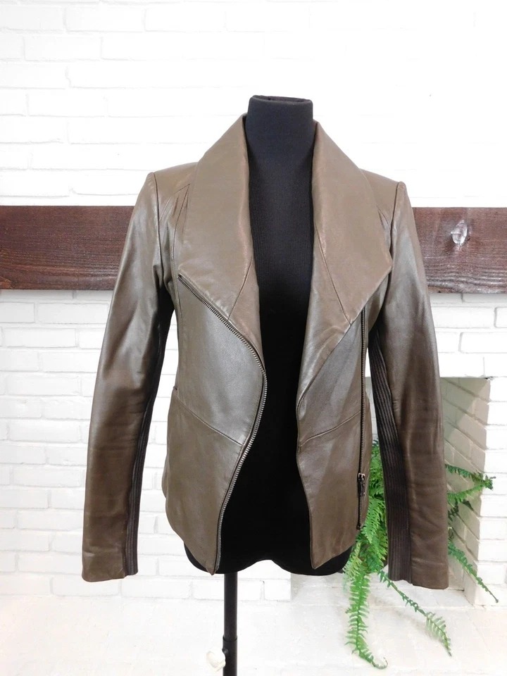 Chaqueta para mujer NEIMAN MARCUS CUSP talla S cuero marrón tostado verde oliva cremallera moto Foto 2 de 4