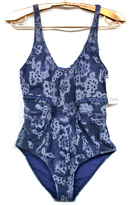 ATHENA Plunge RSC Maillot Crochet One-Piece Swimsuit Size 12 Navy Blue AT14538