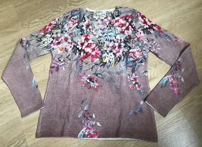 PETER HAHN Damen   Pullover Strick 40 Lila Blumen    Merino Wolle V-Auschnitt