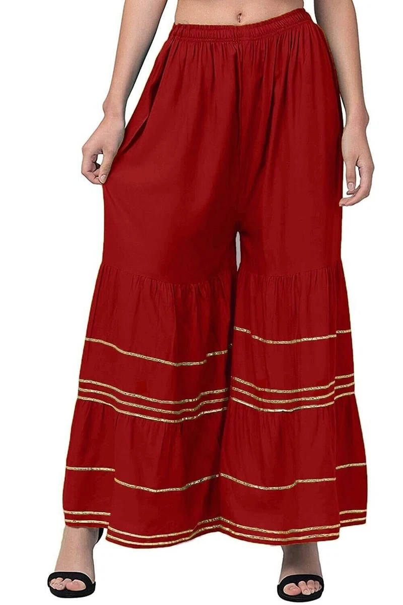 Women Rayon Sharara Palazzo Plazo Pant Bottom Wear Pajama Trousers Sarara Red