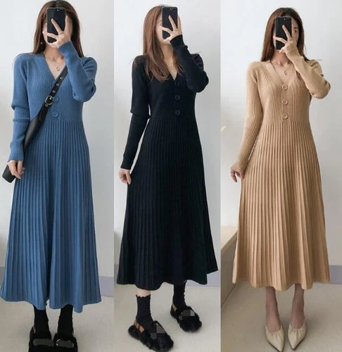 OFF WHITE Maglione donna maglia vestito casual lungo plissettato invernale vestito caldo scollo a V