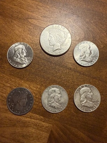 $3.50 FV 90% Silver Lot – 1923 Peace Dollar, Barber & Franklin Half AU/BU