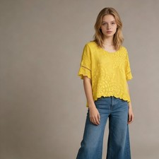 NWOT Johnny Was Floral Embroidered Blouse Yellow Oversized Size S