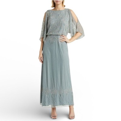 Pisarro Nights Women's 8 Blue Gray Elegant Beaded Cold Shoulder Blouson Dress