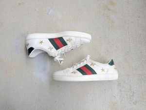 Gucci Ace Baskets Homme US 7 Bee Star Blanc Cuir Chaussures Bas Haut 386750 Designer