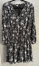 GAP V-Neck Mini Dress M Bell Long Sleeve Tiered Lined Black White Floral EUC