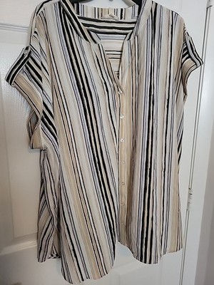 Womens 2x Como Blu Top Blouse , Black/beige/white, Button Front