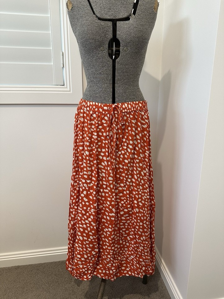 Atmos & Here Orange White Polka Dot Spot High Waist Long Maxi Skirt 14 L