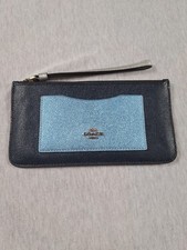 Coach Metallic Cross Grain Leather Long Zip Card Wallet Midnight Blue ColorBlock