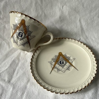 Tea cup & saucer set - Masonic Freemason Square & Compasses G Ceramic White/Gold