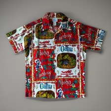Vintage Hawaiian Loop Collar Shirt Medium Multicolor 60s Barkcloth AOP Surf Art