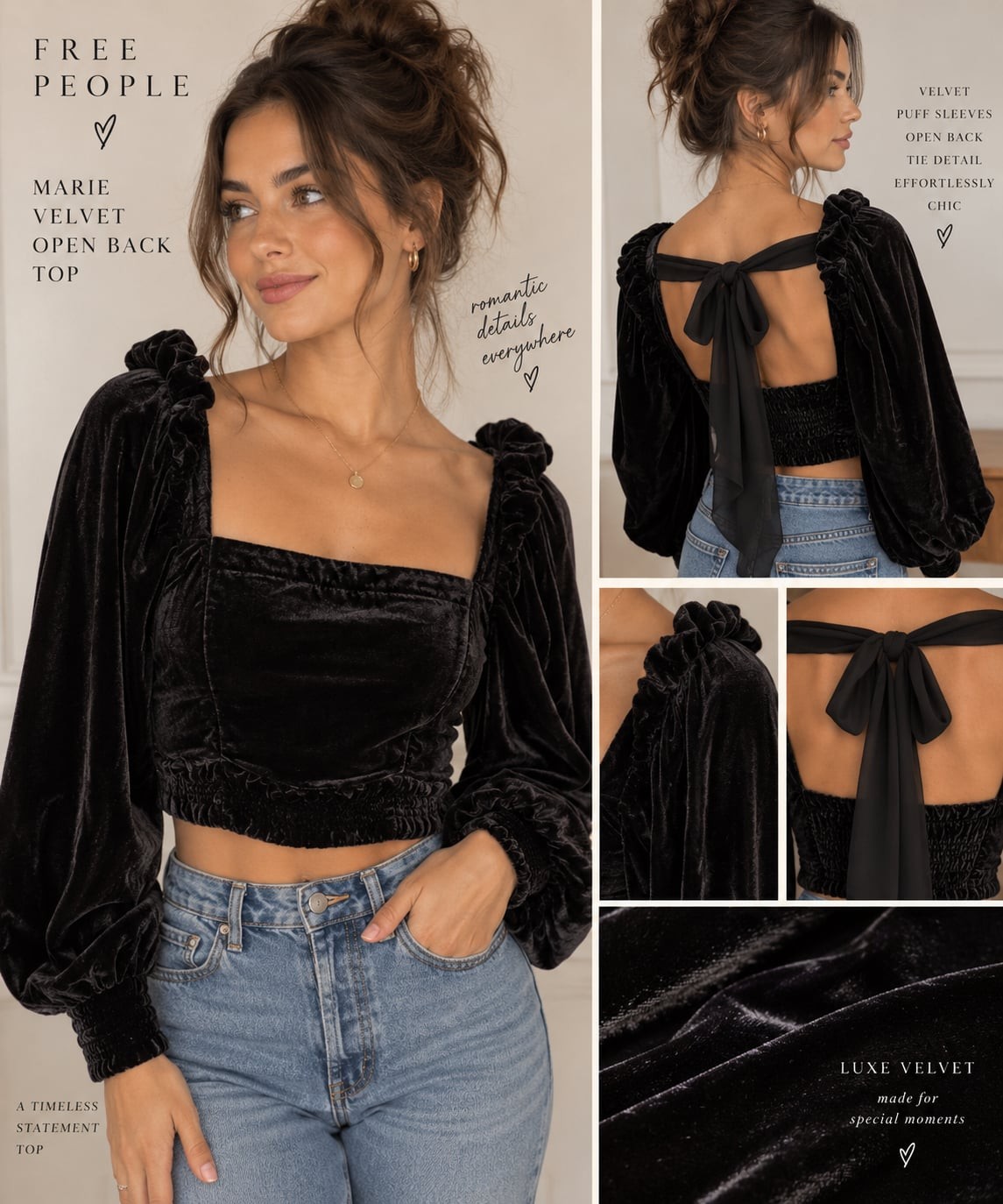 Free People Marie Black Velvet Open Back Crop Top Puff Sleeve Tie Back S