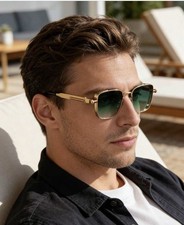 Men's Square Sunglasses Gold Metal Frame Green Gradient Plastic Lenses