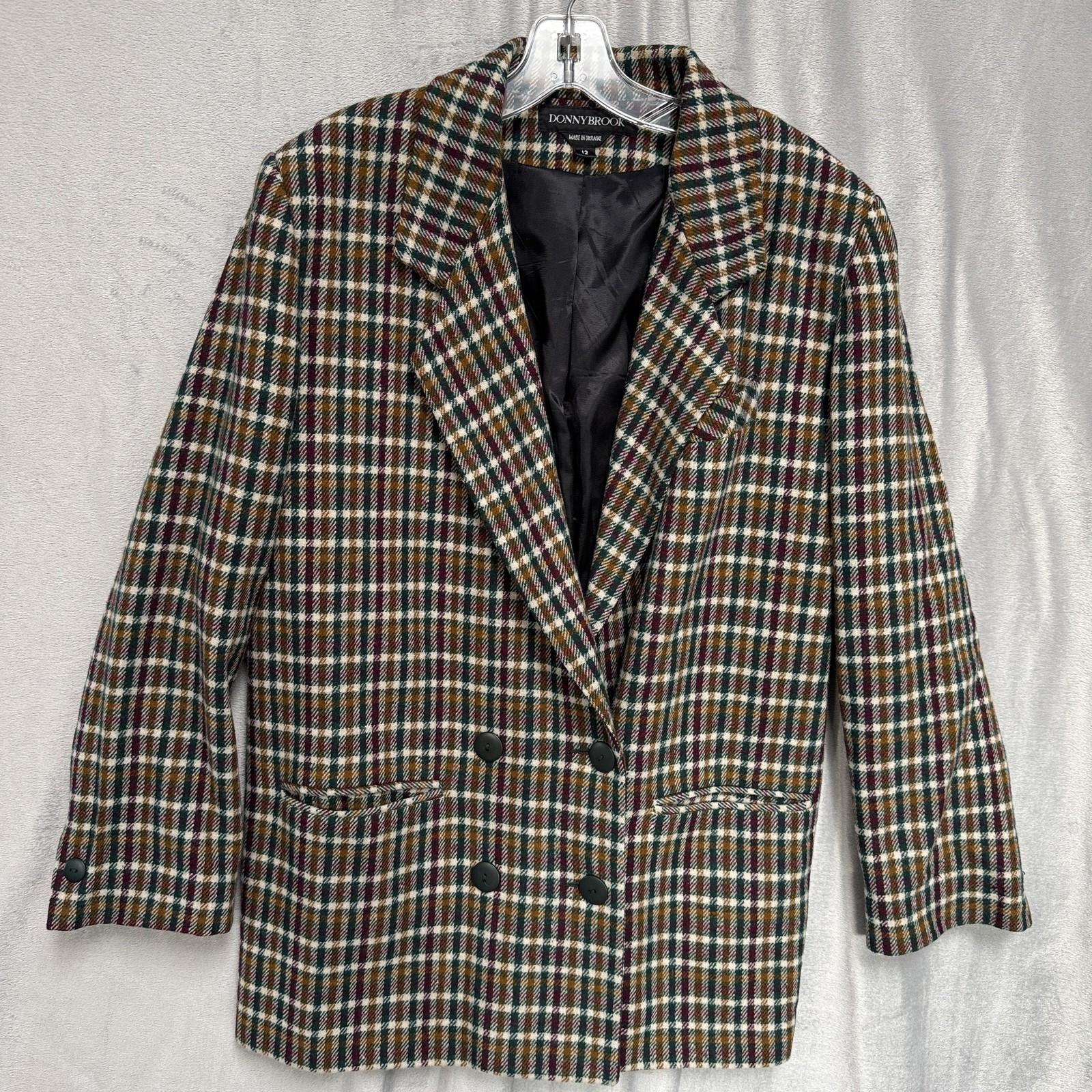 Vintage Donnybrook Blazer Womens 12 Green Plaid Wool Double Breasted Jacket 90s