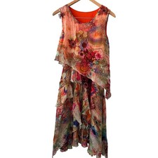 QinPei.Er. Silk Romantic Boho Floral Asymmetrical Ruffle Midi Dress Sleeveless S
