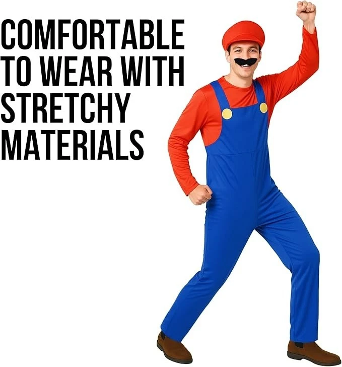 Adulto Super Mario Brothers Disfraz Hombre Rojo Fontanero Conjunto Sombrero Bigote L XL Foto 4 de 4