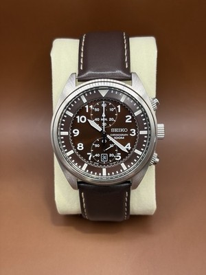 Seiko Chronograph Quartz Men's Watch Brown Dial 100m Date Leather