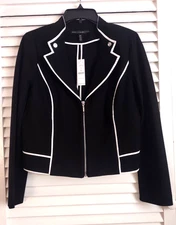New WHBM Women Blazer 12P Moto Jacket Notch Lapel Zip Front  Black/White Piping