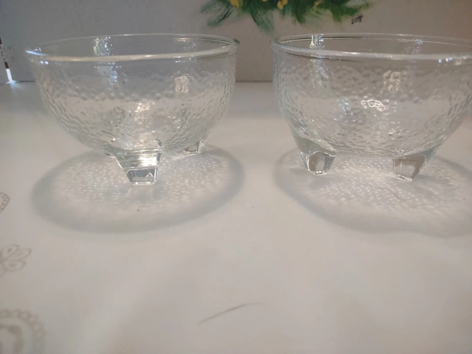 Tigelas de sobremesa Crisa Libbey vidro transparente seixo texturizado pés sorvete vintage - Imagem 2 de 4