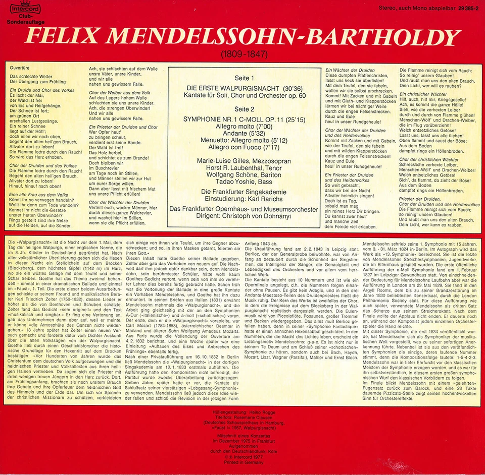 MENDELSSOHN Die erste Walpurgisnacht, Symphony 1 DOHNANYI 1975 Live Recording NM - Image 2 of 3