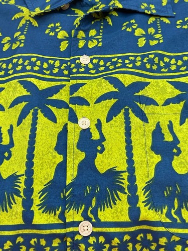 OP Ocean Pacific Mens Hawaiian Shirt Blue Lime Green Palm Trees Hula Girls 2X - Picture 5 of 7