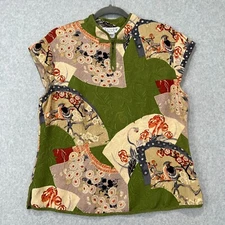 Citron Santa Monica Womens L Short Sleeve Green 100% Silk Blouse Fan Design NWOT