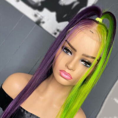 Mid Long Straight Half Green Half Purple Synthetic Heat Safe Halloween Cos Wigs