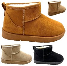 WOMENS FLAT ANKLE WARM LADIES FAUX FUR LINED WINTER SNUGG SLIP ON SHOES BOOTS SZ