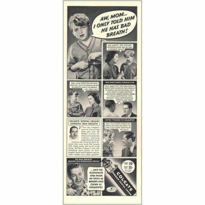 1938 Colgate: Aw Mom I Only Told Him He Has Bad Breath Vintage Print Ad