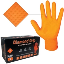 Heavy Duty Industrial Orange Nitrile Gloves with Raised Diamond Texture, 8-mil