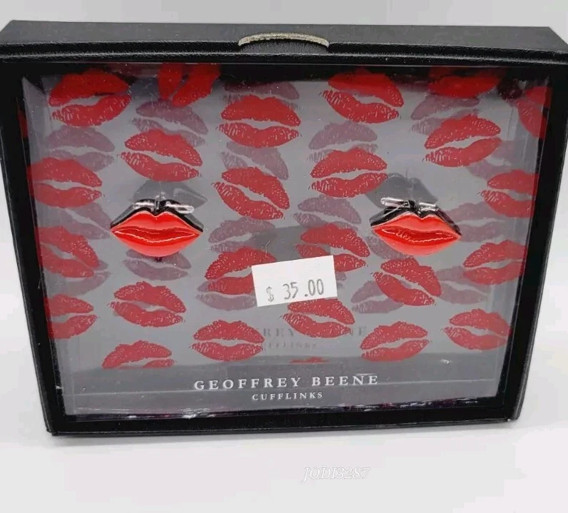 Gemelos Labios Rojos Hombre GEOFFREY BEENE Tono Plateado Esmalte ROJO - ¡Nuevos En Caja! Foto 4 de 4