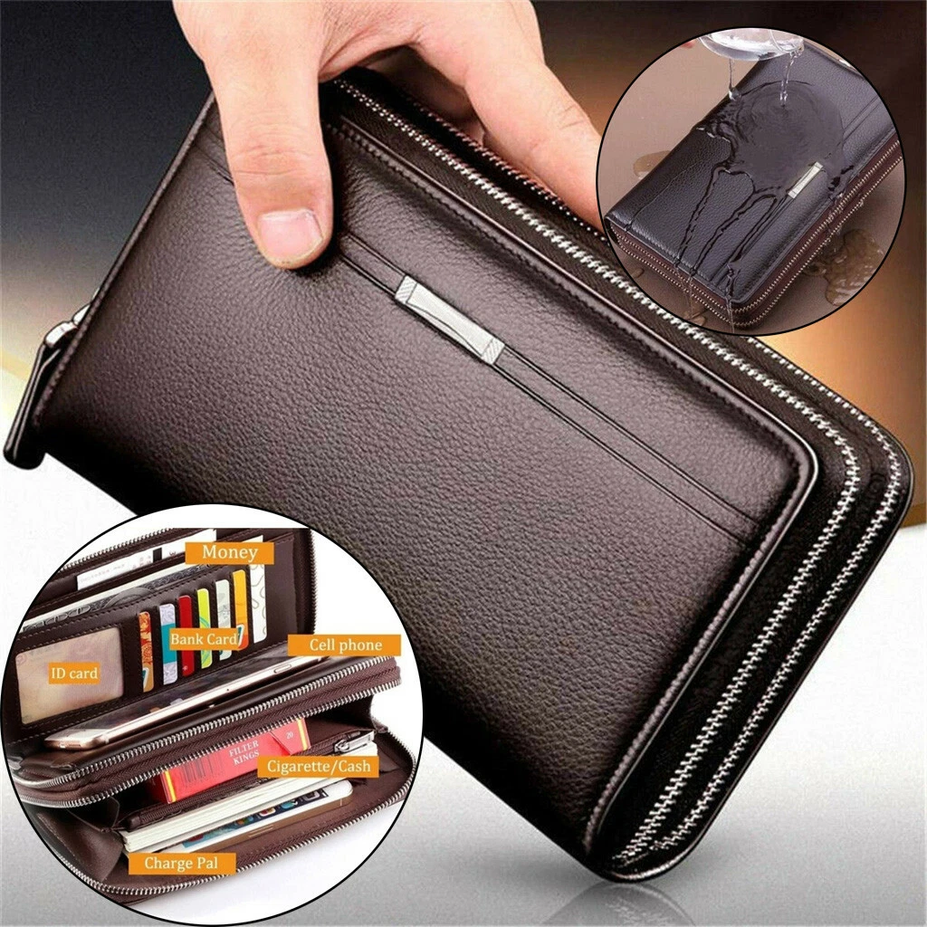 Fashion Business Mens Brand Clutch Bags Leather Phone Credit Card Organizer  Large Men Zipper Hand Bag Gift For Men(Black)