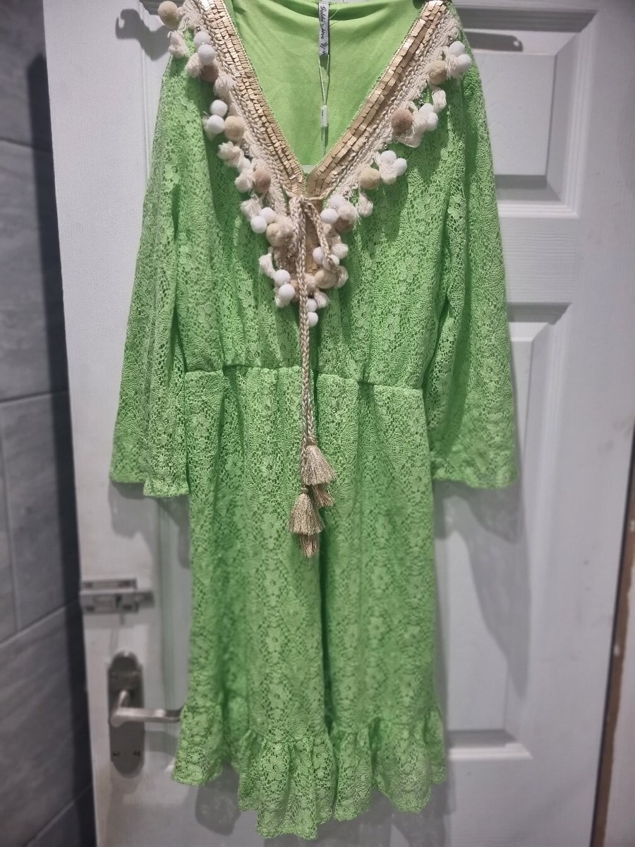 Golden Live Dress Womens Size S 8 Green Lace Tassel Print Lined Festival  Beach | eBay UK