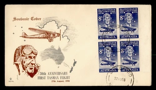 DR WHO 1958 AUSTRALIA FDC FIRST FLIGHT TASMAN ANIV ROYAL CACHET BLOCK M70843