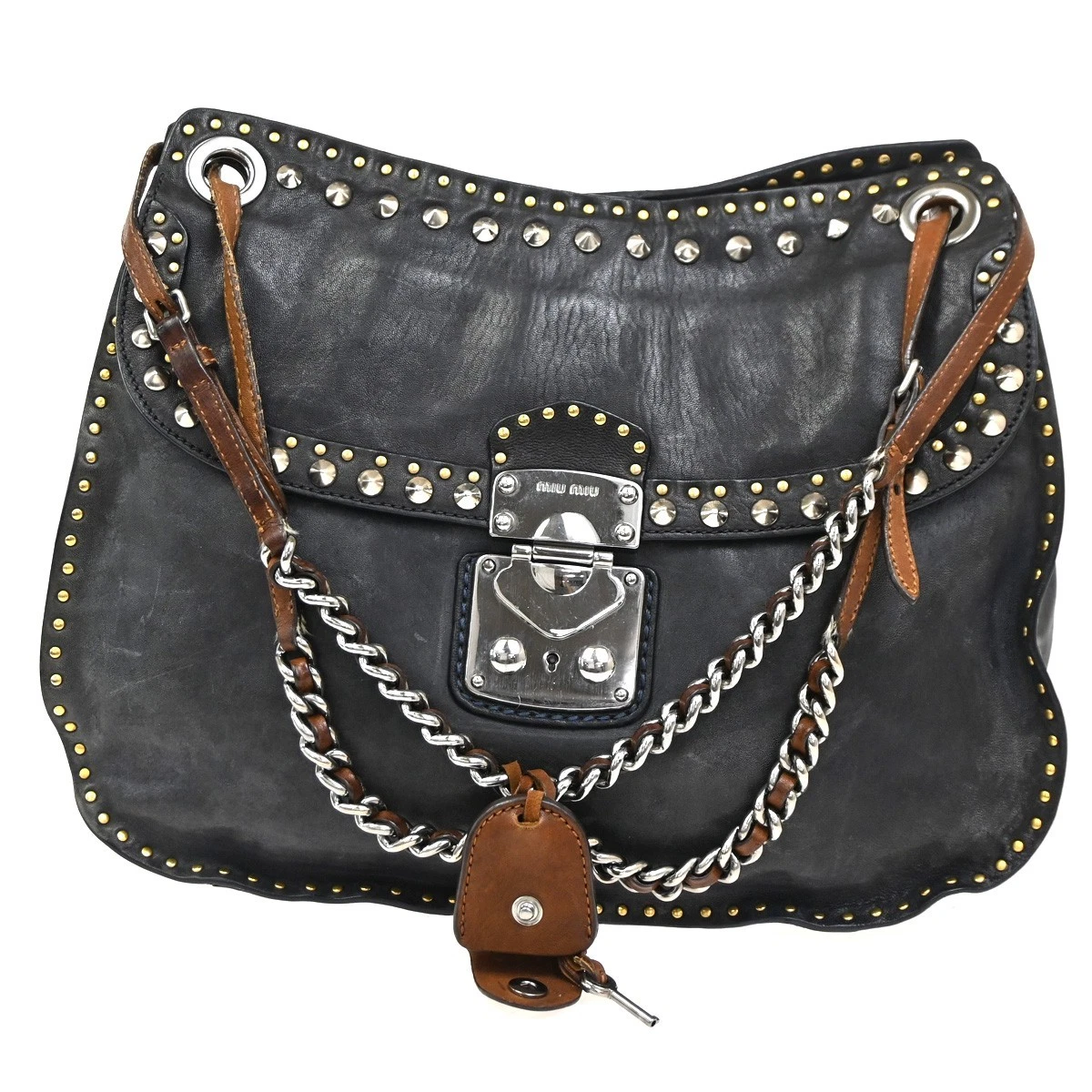 バッグ 90s MIU MIU LEATHER SHOULDER HAND BAG Vintage Miu Miu Orange Buckled Patterned Canvas Leather Shoulder