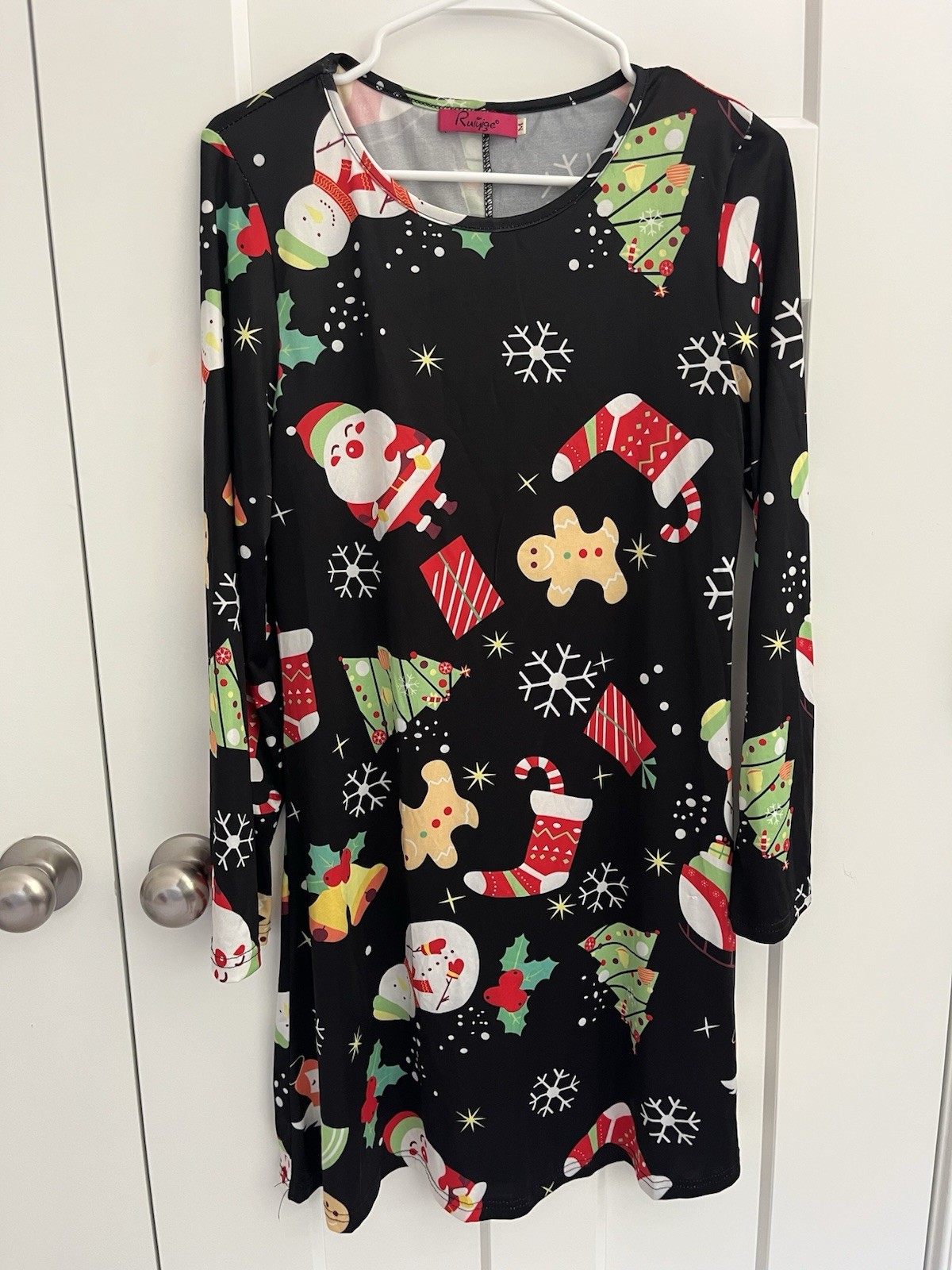 Christmas Holiday Dress Womens M Gingerbread Santa Snowflake Snowman Print Black