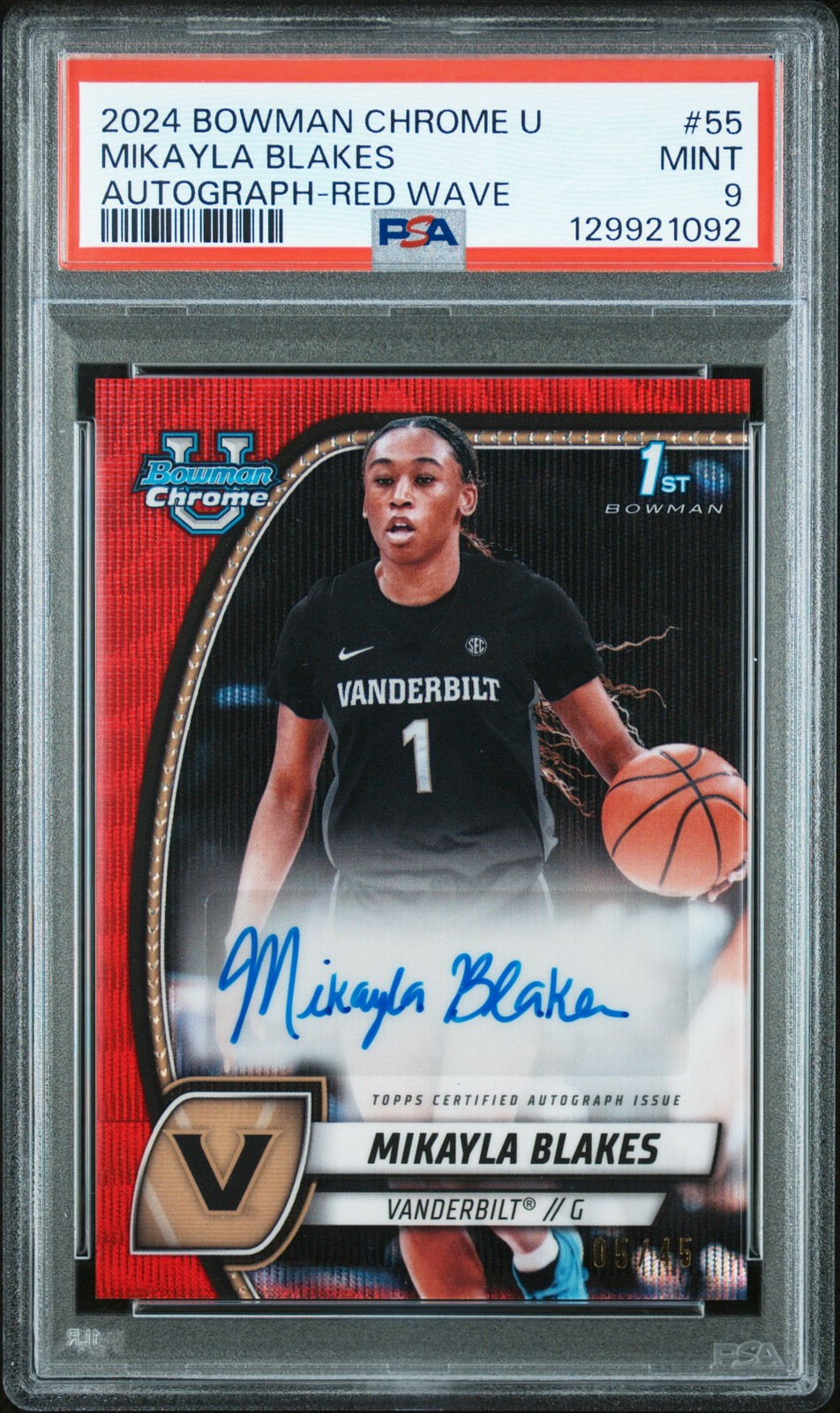 2024 BOWMAN CHROME UNIVERSITY AUTO-RED WAVE #55 MIKAYLA BLAKES 5/45 PSA 9